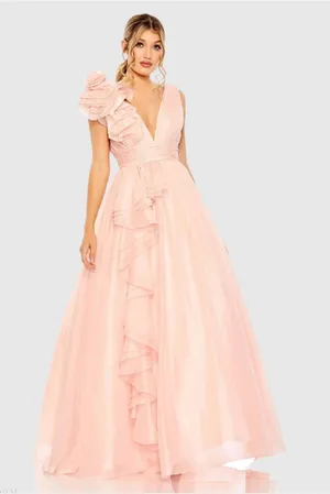 Mac Duggal 48856 Light Pink Ruffle Shoulder V-Neck Chiffon Gown sz 8 thumbnail 1