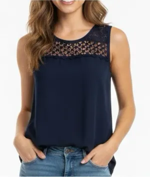 𝅺Love FIRE office career lace tank top MEDIUM navy blue NWOT thumbnail 1