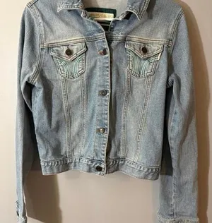 Y2K Hollister light wash denim jacket embroidered pockets 2000s McBling coastal thumbnail 1