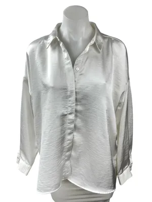 Zara Women's White Silky Satin Collared Long Sleeve Button Down Shirt Top Size M thumbnail 1