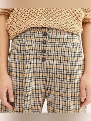 Free People Posey Plaid High Waisted Pleated Carrot Trousers Pants Yellow thumbnail 3
