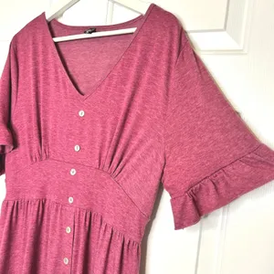 Allegra K V Neck Button Front Ruffle‎ Sleeve Midi Dress Fuchsia XL thumbnail 4