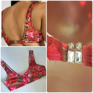 NWOT Aiirz Red and Brown Floral and Cheetah Print Embellished Bikini Top Sz L thumbnail 2