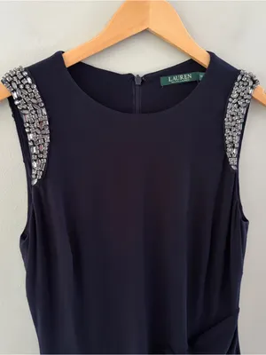 Lauren Ralph Lauren Navy Embellished Ruched Maxi Dress Sleeveless Gown 10 thumbnail 4
