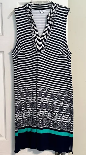 NWOT Crown & Ivy Navy White Stripe Pineapple Cayo Coco Summer Coastal Dress XL thumbnail 1
