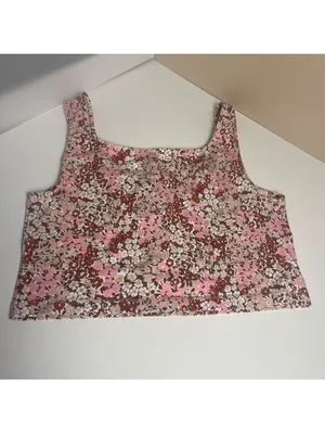 Lou & Grey Athletic Floral Crop Top Tank Large Pink Brown Cottagecore Stretchy thumbnail 4
