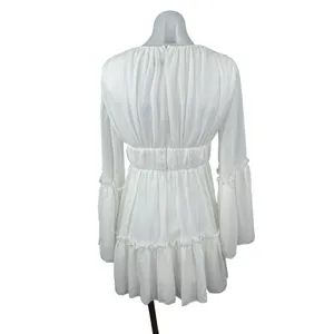 Miss Ord Women's White Deep V Neck Long Sleeve Tiered Mini Flare A-Line Dress XS thumbnail 3