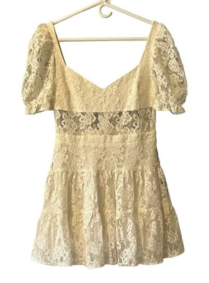 Hello Molly Lace Strapless Puffy Shoulder Ruffle Mini‎ Dress Size M US 6 Peasant thumbnail 1