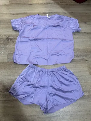 Lavender Satin Short Sleeve Top & Elastic Waist Shorts Pajama Set thumbnail 1