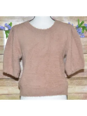 Buddy Love Ladies Brown Half Puff Sleeve Crop Sweater Top Size L Fuzzy Eyelash thumbnail 2
