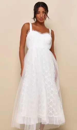 Lulus Ethereal Impression White Tulle Ruffled Bustier Midi Dress Small New thumbnail 1