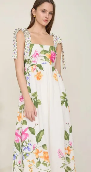 NWT Blu Pepper Off White Floral Tie Strap Empire Waist Midi Dress – Medium thumbnail 1