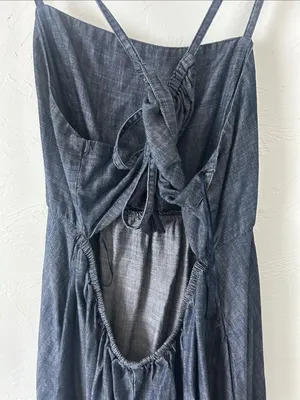 Ariat flowy dark blue open back distressed western Denim Spaghetti Midi Dress thumbnail 3