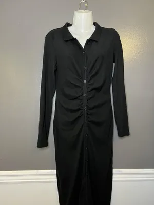 Zara Shirt Dress Womens Large Black Ruched Button Front Collared Knit Midi thumbnail 2