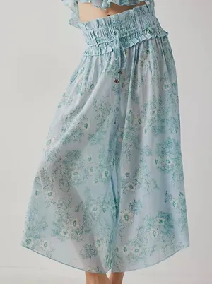 Intimately Free People Blue Floral Smocked Wide Leg Gauze Pants Medium thumbnail 1