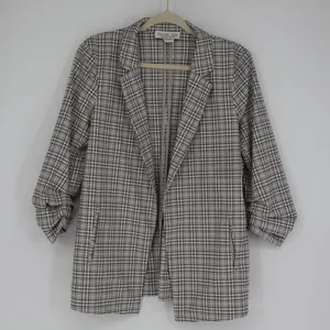 Rachel Zoe Blazer Women's Medium Grey White Open Ruched Sleeve Plaid Classic thumbnail 1