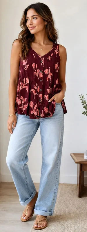 Anthropologie Maeve Burgundy Floral Swing Blouse Womens 8 Sleeveless Boho Beachy thumbnail 1