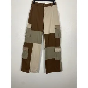 Hot & Delicious Patchwork Cargo Pants Brown Beige Olive Cotton Relaxed Women's M thumbnail 2