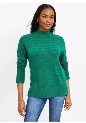 LOFT Mock Neck Tunic Style Textured Sweater in Green thumbnail 1