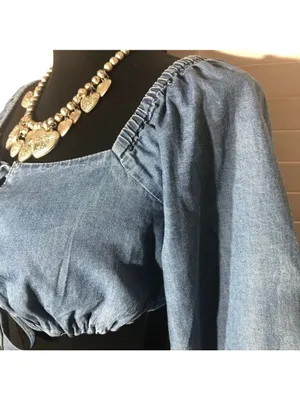Forever 21 Chambray Blue Cropped Long Sleeve Top Small thumbnail 7
