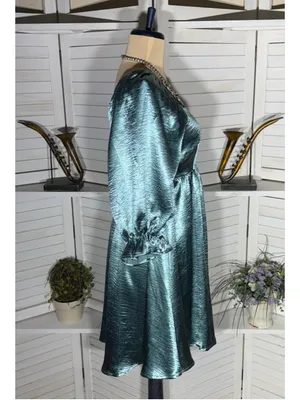Entro Anthropologie teal satin babydoll mini dress ballooned sleeves Fairy hoco thumbnail 3