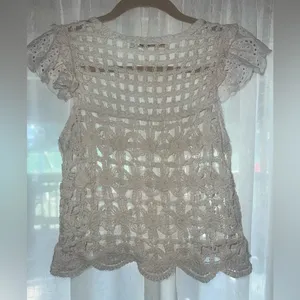 Bishop + Young from Anthropologie Crochet Cream Eyelet Flutter Sleeves top XXS thumbnail 7