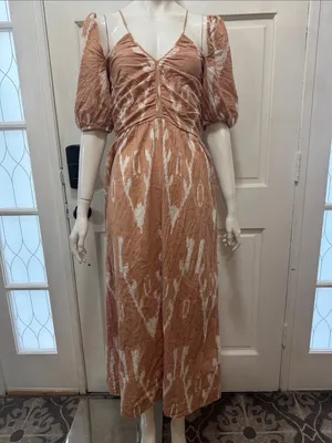 Mirth 100%cotton Rust Tie-Dye Midi Dress with Puff Sleeves size medium thumbnail 2