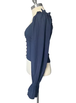 Anthropologie NWT Navy Blue Blouse Sz XS Cotton Sweetheart Neck 3/4 Puff Sleeve thumbnail 3