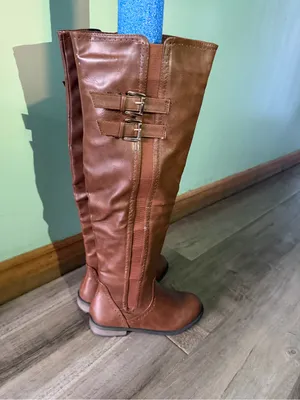 Faux Leather Over-the-Knee Riding Boots Brown with Buckles. thumbnail 7