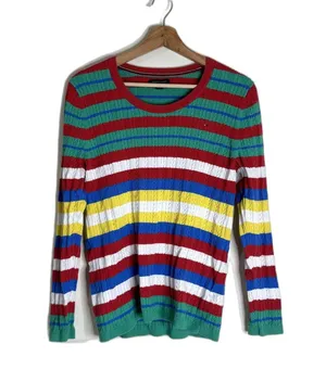 Tommy Hilfiger Sweater Womens Large Multicolor Striped Cable Knit Pullover Crew thumbnail 1