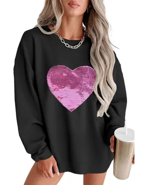 NWOT Oversized Sequin Heart Sweatshirt Pink Heart‎ Graphic Black Womens Medium thumbnail 1