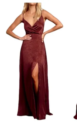 Lulus Burgundy Satin Maxi Dress Size XS NWT Wedding Pom Concert Party Pom thumbnail 1
