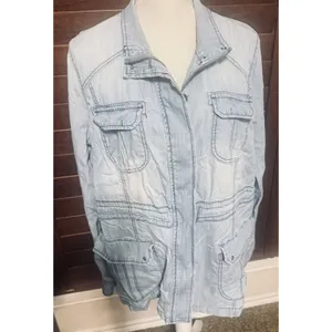 St Johns Bay Women M Chambray Blue Utility Jacket Lightweight Drawstring Waist thumbnail 2