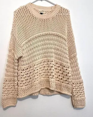 UNIVERSAL THREAD Cream Beige Mixed Knit Crochet Open Weave Crew Neck Sweater S thumbnail 1