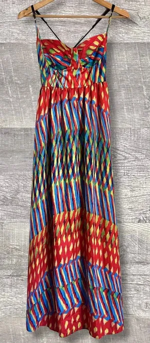 Boho Vibrant Print Striped Long Maxi Dress Womens M Multicolor Strappy Back thumbnail 1