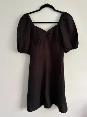 The Drop Linen Black Nala Twist Front Puff Sleeve Mini Dress Size XXS thumbnail 2