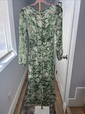 NWT Mango MNG Floral Sheer Green White Romantic Twist Front Midi Dress XS $129 thumbnail 7