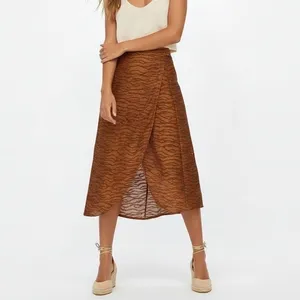 Zara Faux Wrap Wavy Abstract Textured Jacquard Midi Skirt Brown Fall Earthy Sz L thumbnail 2