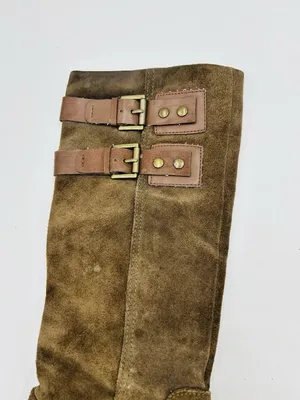 Nine West Taupe Brown Suede Tumble Tall Riding Boots Sz 9 Double Buckle thumbnail 4