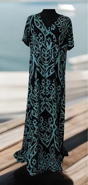 NWT Karalin Maxi Dress Women Sz 14W Teal/Black‎ Aztec Print Banded Waist y2k thumbnail 1