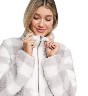 Abercrombie Sherpa Check Fleece Plaid Full Zip Jacket Coat Gray and White Size Medium thumbnail 5