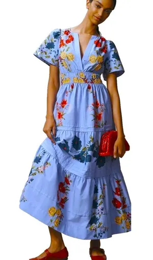NWT Anthropologie Somerset Maxi in Violet Blue Floral Cotton Tiered Dress S thumbnail 1