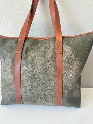 Mark Cross Vintage Army Green Leather Large Tote Shoulder Bag 19”x15” thumbnail 2