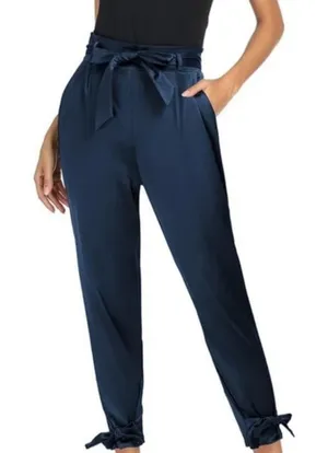 Grace Karin NWT Navy‎ Blue High Rise Paperbag Skinny Cropped Belted Pants Sz 2XL thumbnail 1