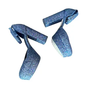 Shellys London Womens Blue Glitter Platform Block Heel Ankle Strap Size 37‎ 6.5 thumbnail 1