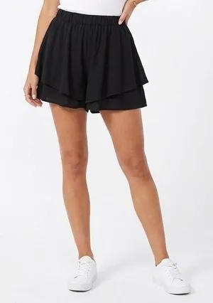 Womens Multi Layer Ruffled Shorts M Black Elastic Waist Flat Front Beach Summer thumbnail 1