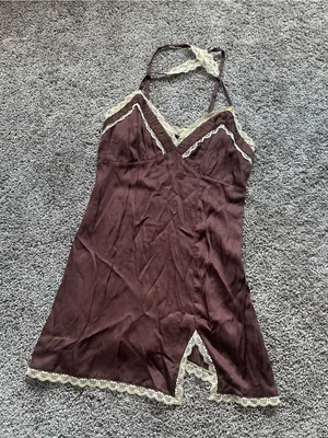 Urban Outfitters Brown Satin Lace-Trim Mini Chemise thumbnail 2