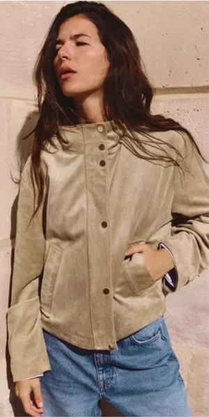 Zara Faux Suede Bomber Jacket Women Large Tan Minimalist Elastic Hem Snap Front thumbnail 1