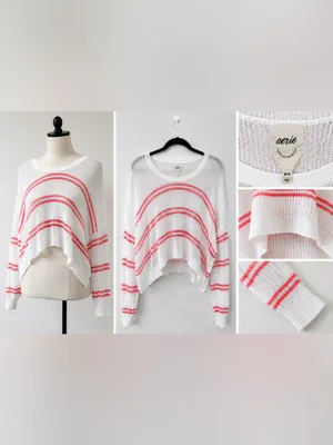 Aerie Open Knit Striped Sweater Medium White Coral Pink Oversized High Low Hem thumbnail 2