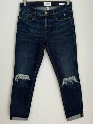 Frame Denim Le Garcon dark wash distressed boyfriend ankle jeans size 27 thumbnail 1